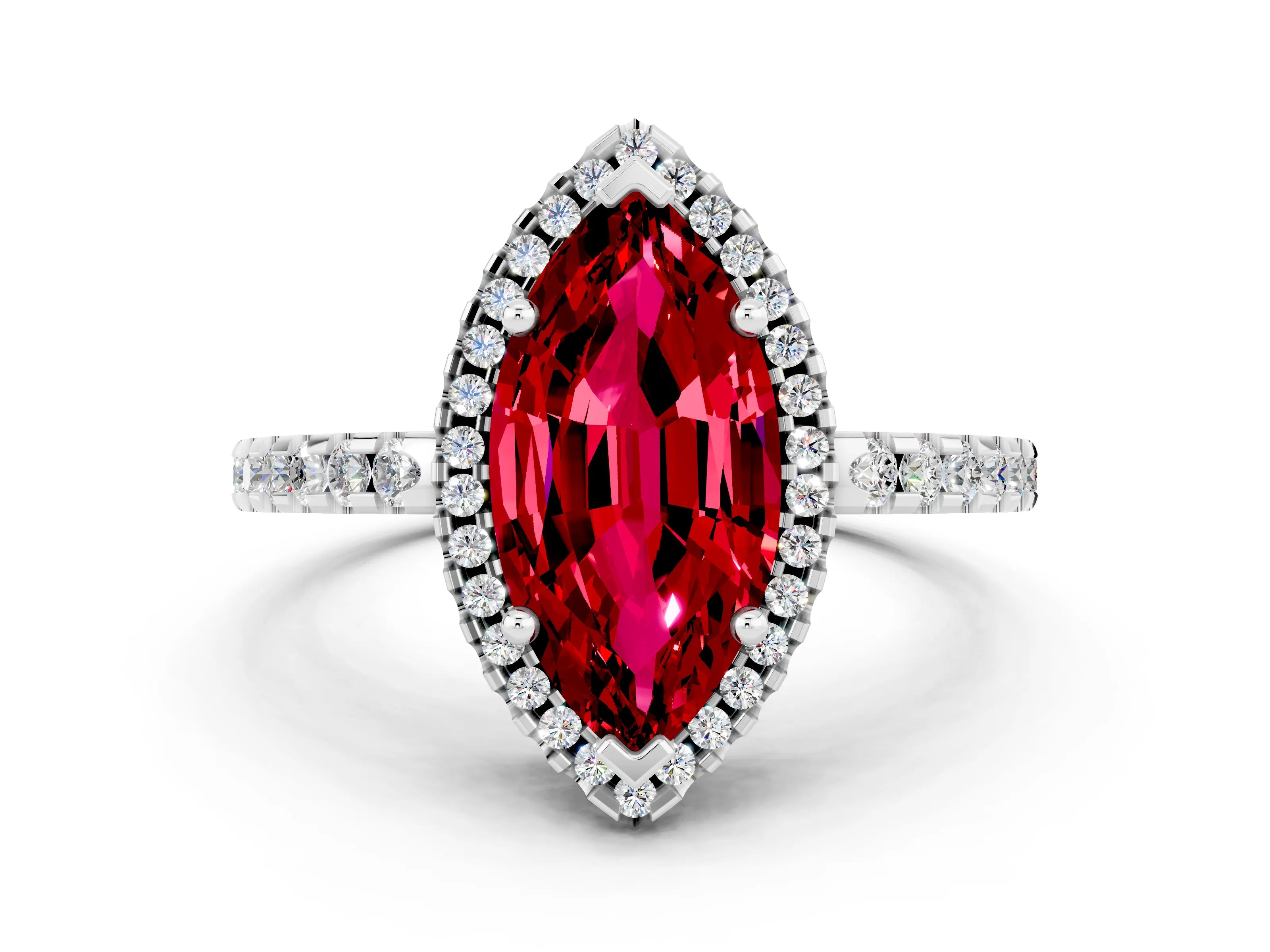 White gold Marquise Cut Ruby Halo Engagement Ring with Pavé Band and Prong Setting_12