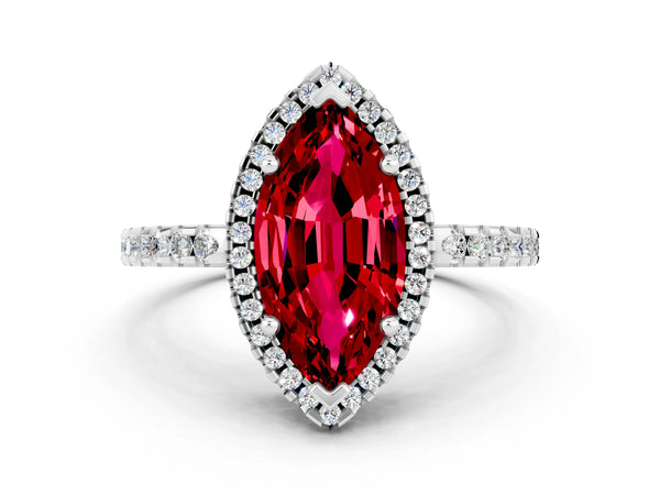 Silver Marquise Cut Ruby Halo Engagement Ring with Pavé Band and Prong Setting