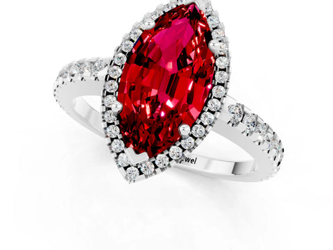 White gold Marquise Cut Ruby Halo Engagement Ring with Pavé Band and Prong Setting_13