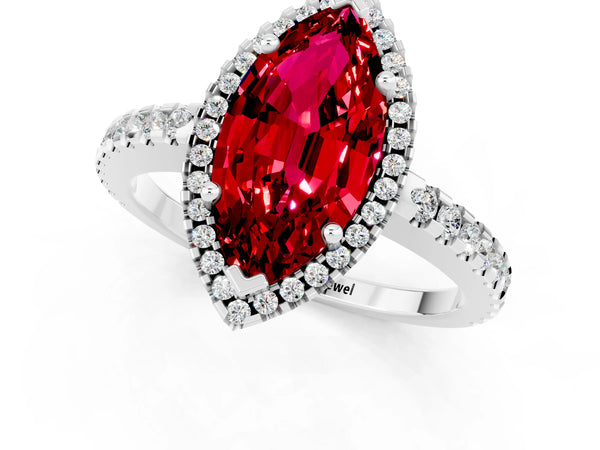 Silver Marquise Cut Ruby Halo Engagement Ring with Pavé Band and Prong Setting