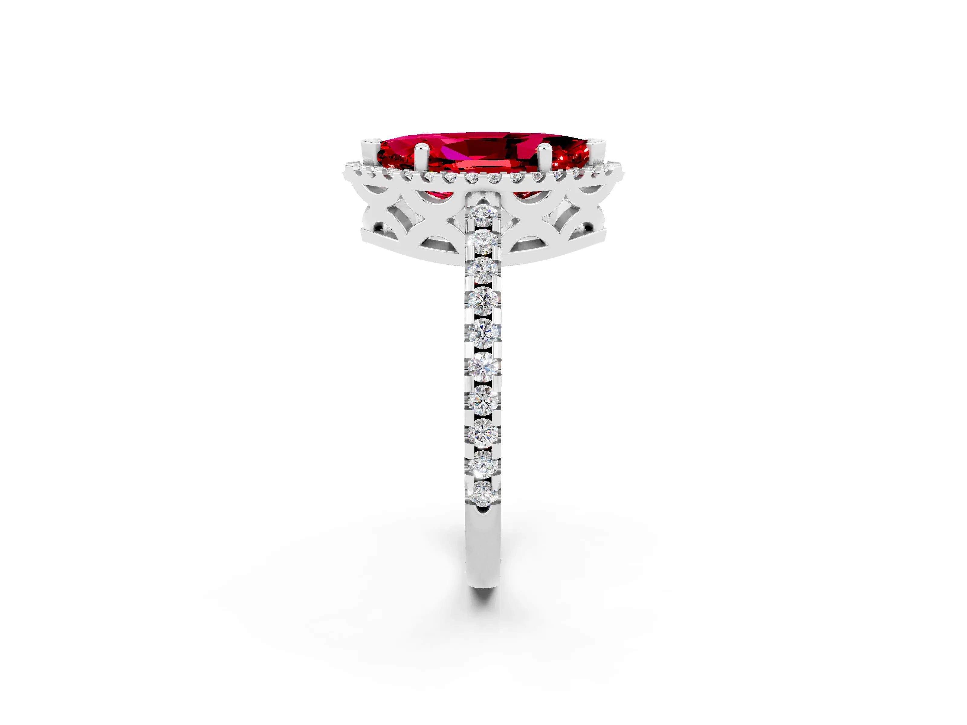 White gold Marquise Cut Ruby Halo Engagement Ring with Pavé Band and Prong Setting_14