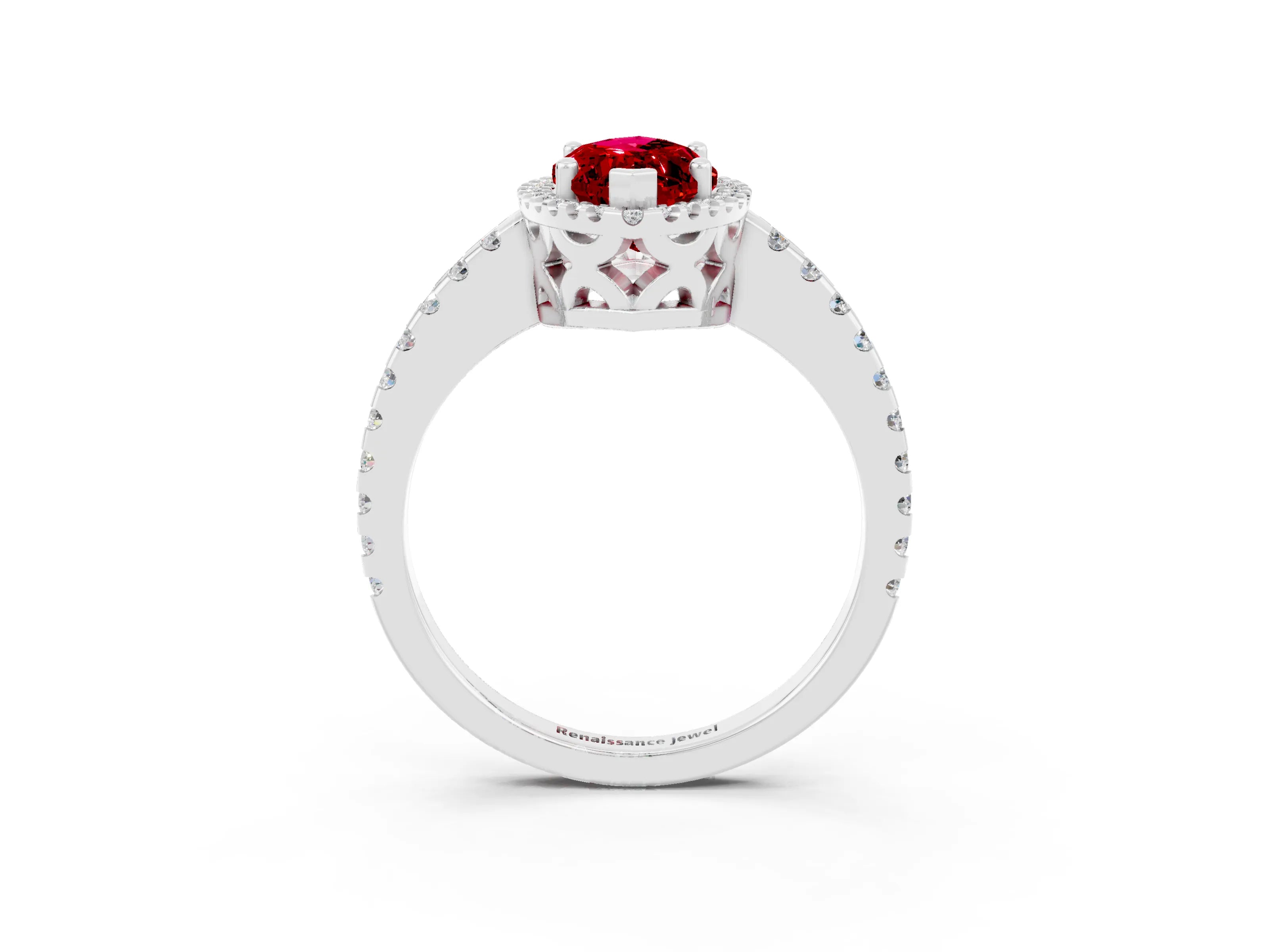 White gold Marquise Cut Ruby Halo Engagement Ring with Pavé Band and Prong Setting_15