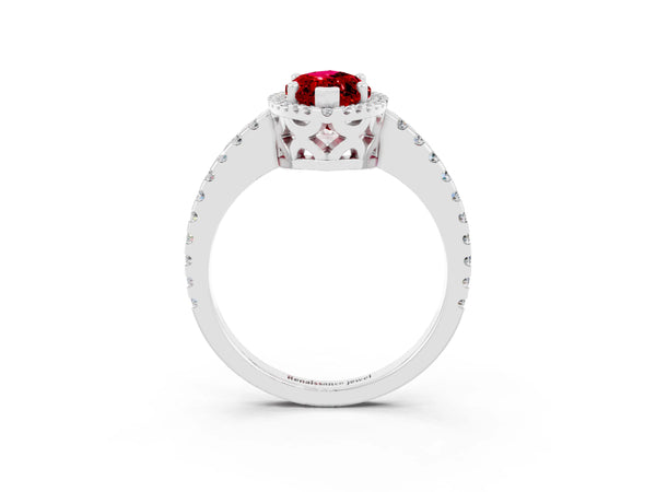 Silver Marquise Cut Ruby Halo Engagement Ring with Pavé Band and Prong Setting