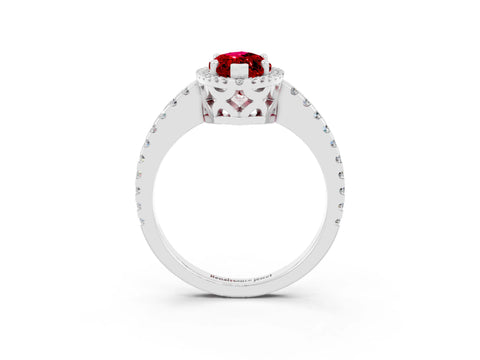 White gold Marquise Cut Ruby Halo Engagement Ring with Pavé Band and Prong Setting_15