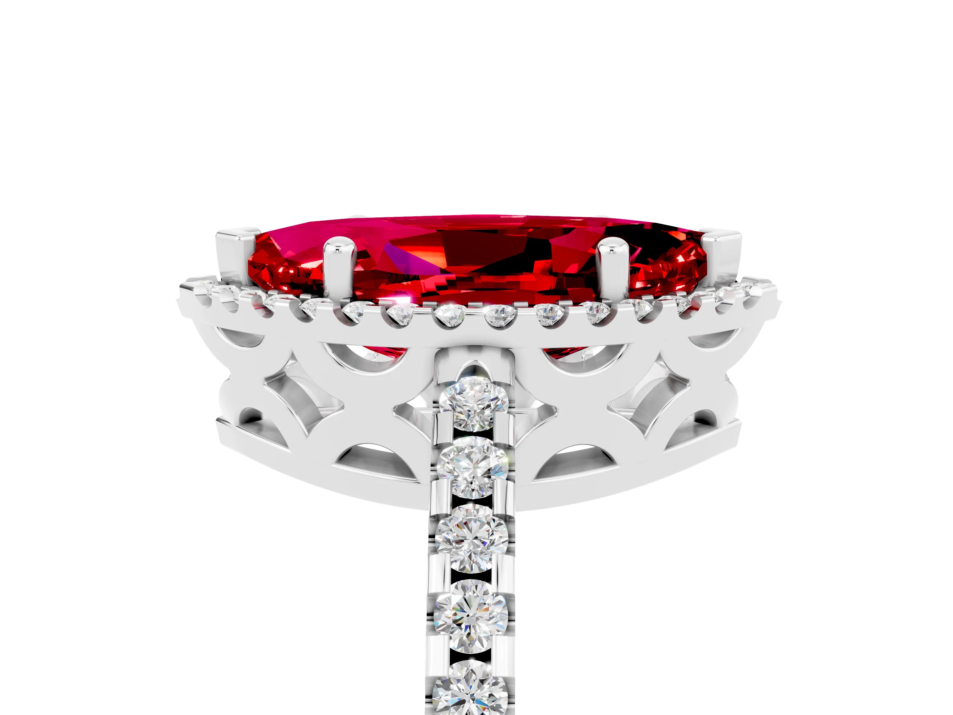 White gold Marquise Cut Ruby Halo Engagement Ring with Pavé Band and Prong Setting_17