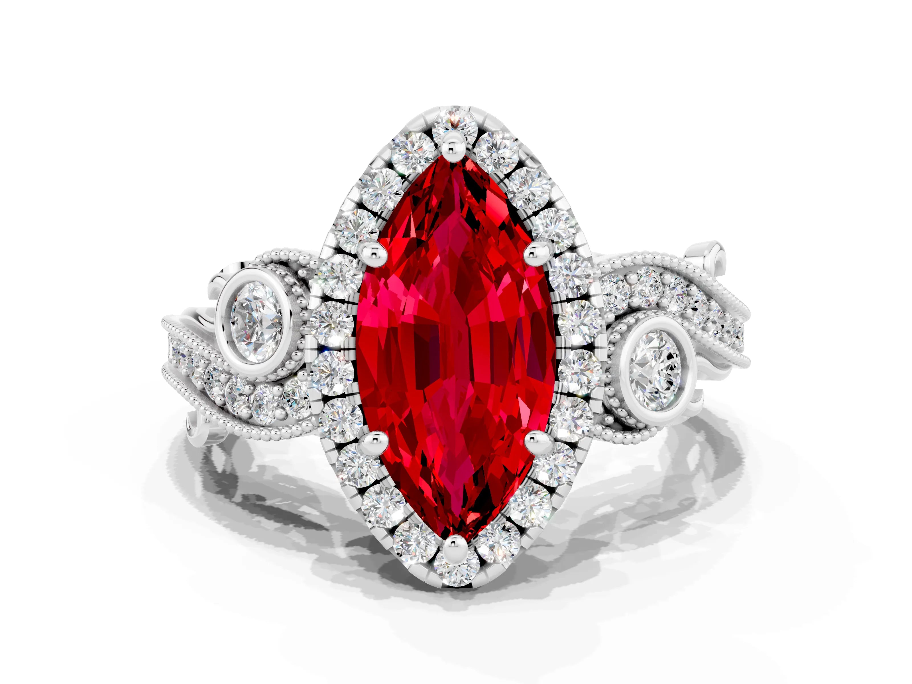 White gold Marquise Cut Ruby Halo Ring with Milgrain Pavé Band and Four-Prong Setting_12