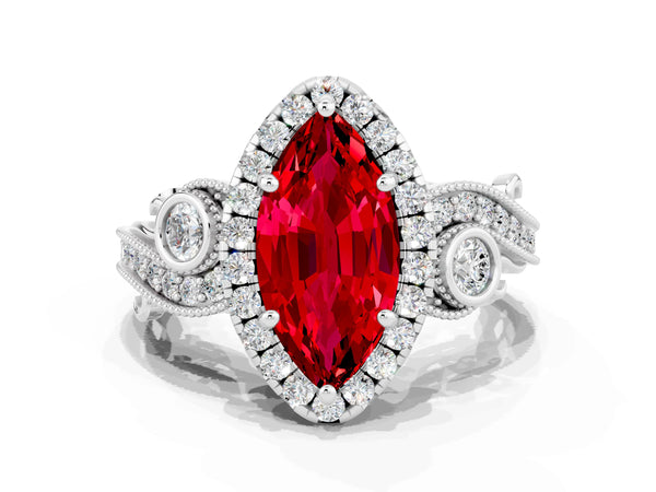 White gold Marquise Cut Ruby Halo Ring with Milgrain Pavé Band and Four-Prong Setting