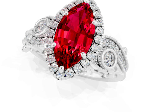 White gold Marquise Cut Ruby Halo Ring with Milgrain Pavé Band and Four-Prong Setting_13
