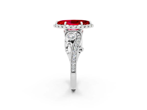 Platinum Marquise Cut Ruby Halo Ring with Milgrain Pavé Band and Four-Prong Setting