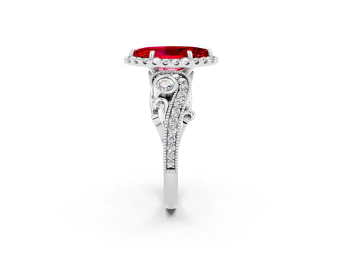 White gold Marquise Cut Ruby Halo Ring with Milgrain Pavé Band and Four-Prong Setting_14