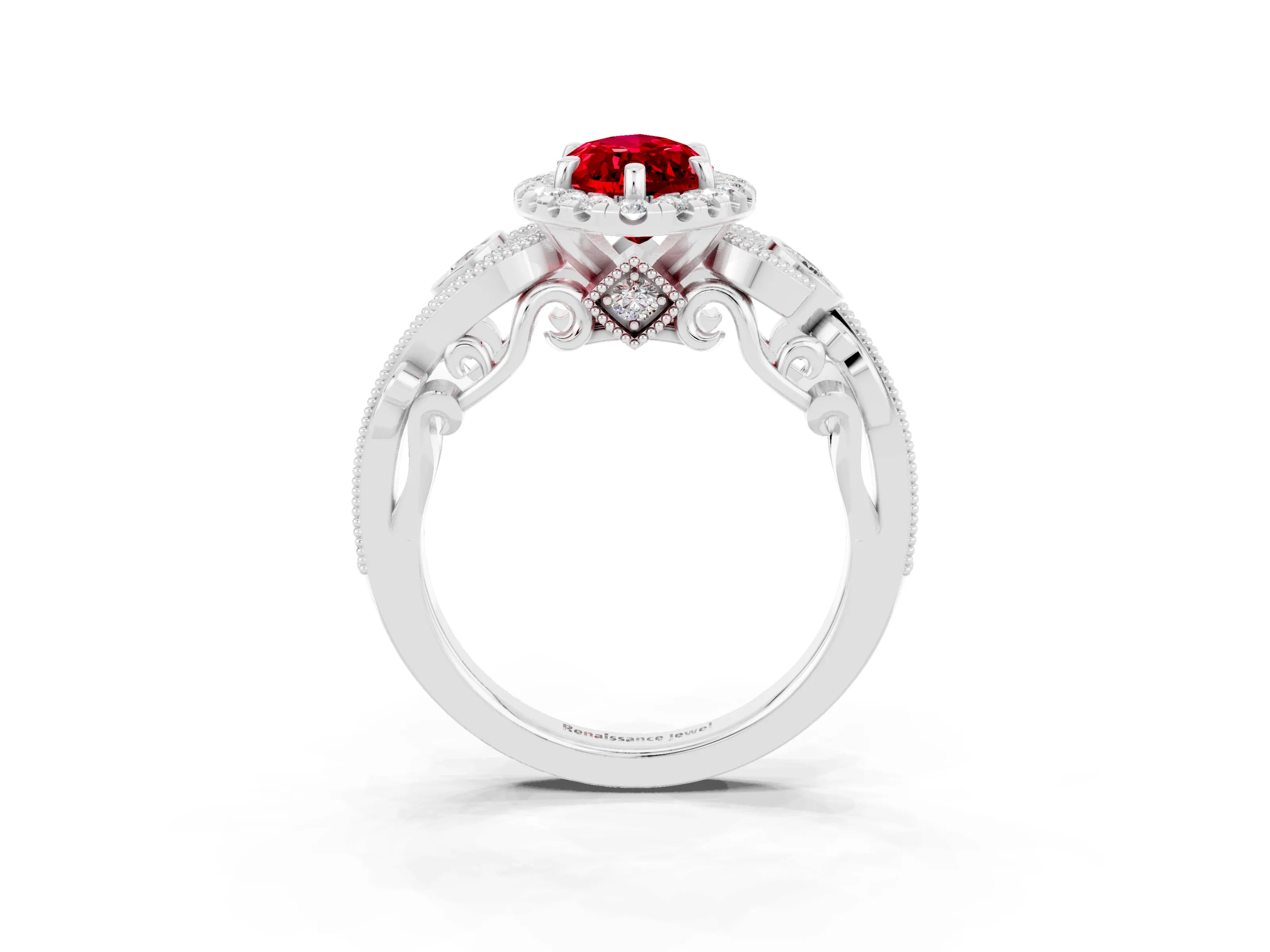 White gold Marquise Cut Ruby Halo Ring with Milgrain Pavé Band and Four-Prong Setting_15