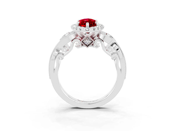 White gold Marquise Cut Ruby Halo Ring with Milgrain Pavé Band and Four-Prong Setting