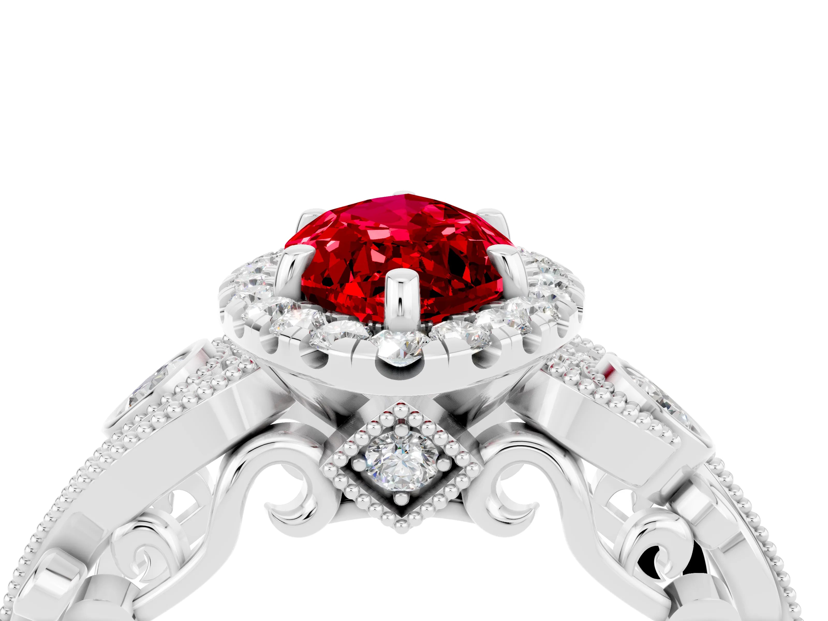 White gold Marquise Cut Ruby Halo Ring with Milgrain Pavé Band and Four-Prong Setting_16