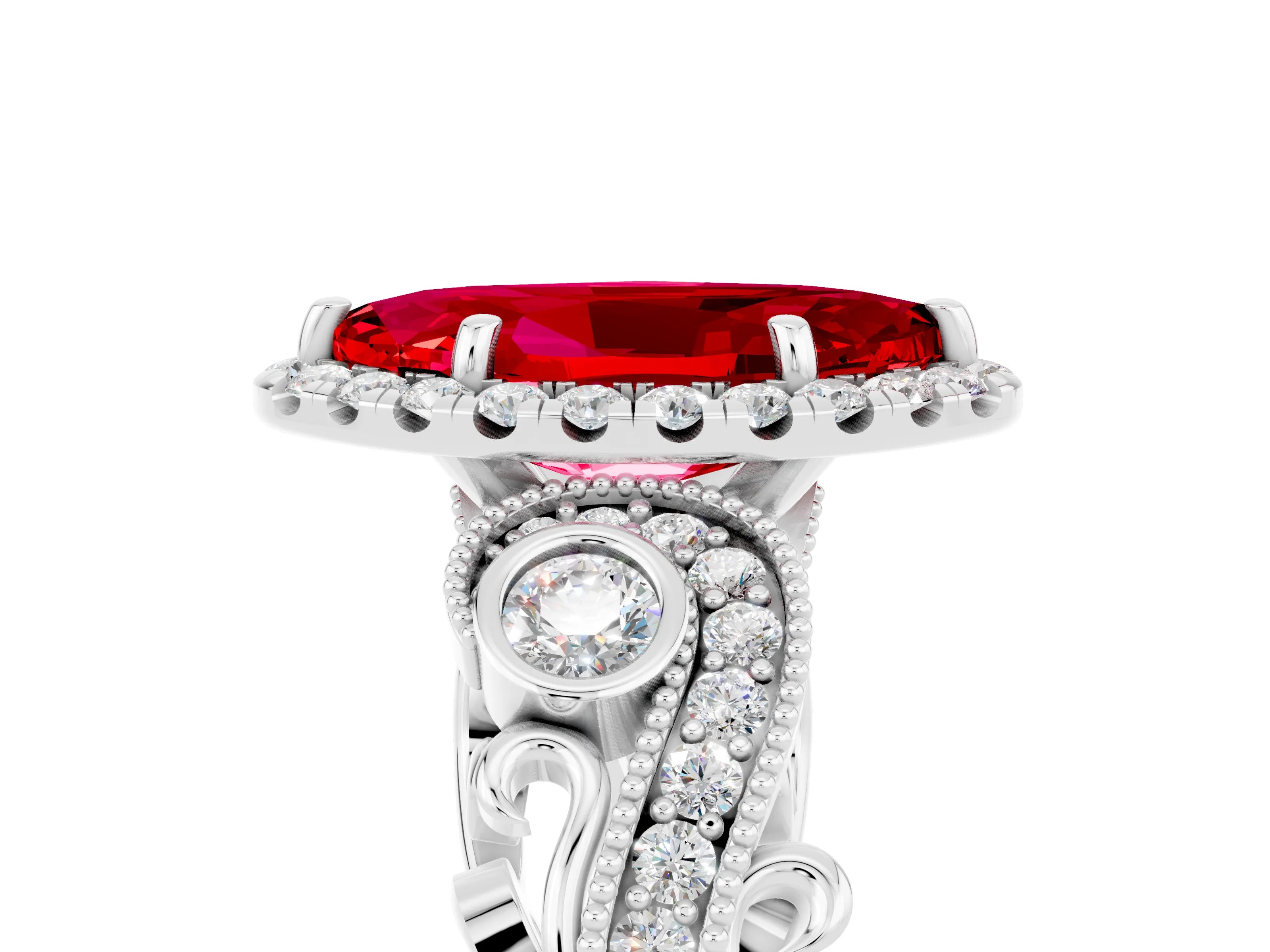White gold Marquise Cut Ruby Halo Ring with Milgrain Pavé Band and Four-Prong Setting_17