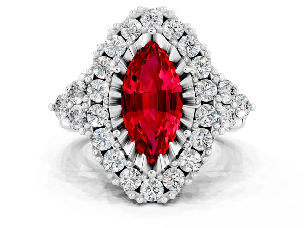 Platinum Marquise Cut Ruby Halo Ring with Pavé Band and Four-Prong Setting