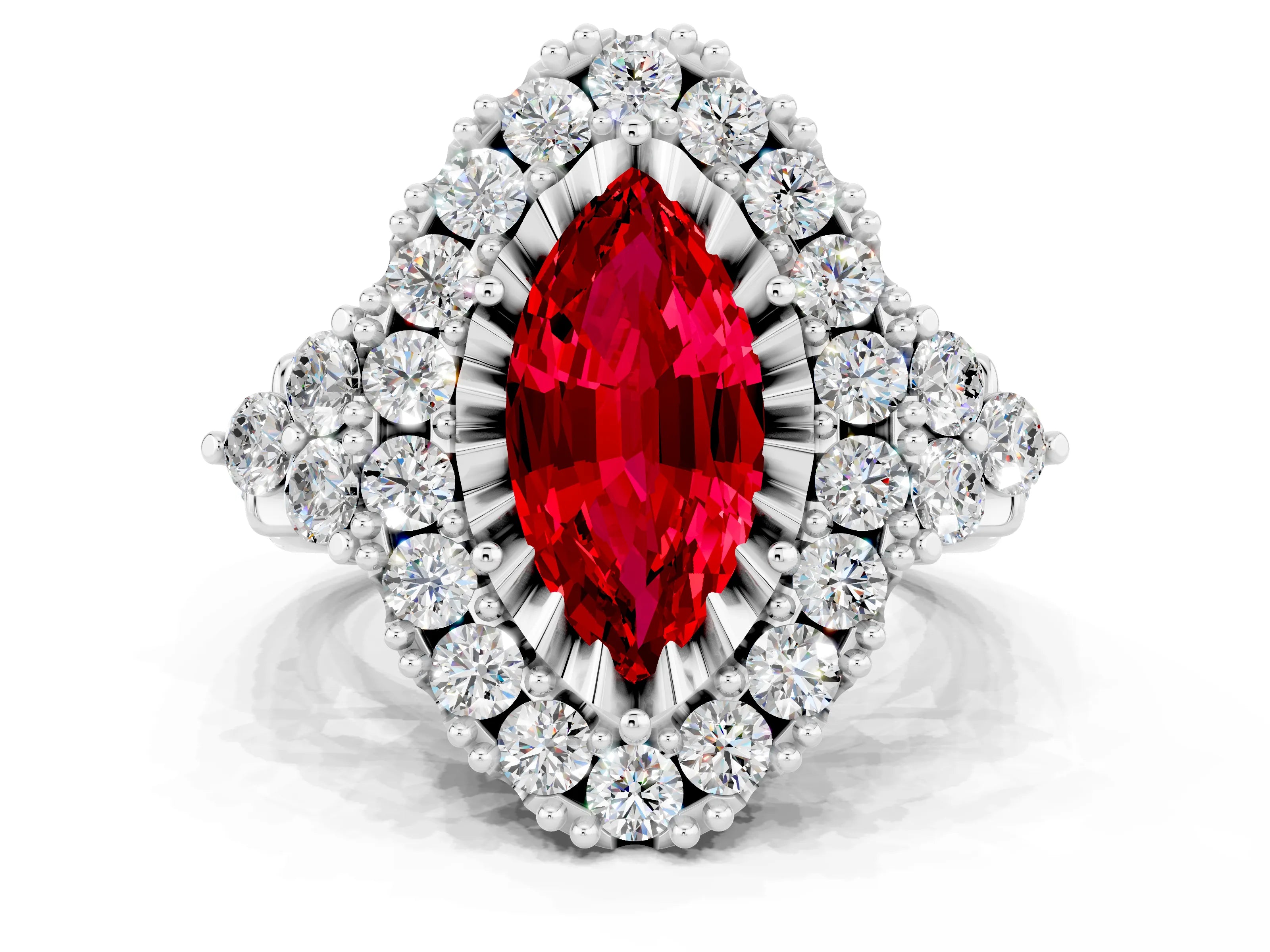 White gold Marquise Cut Ruby Halo Ring with Pavé Band and Four-Prong Setting_12