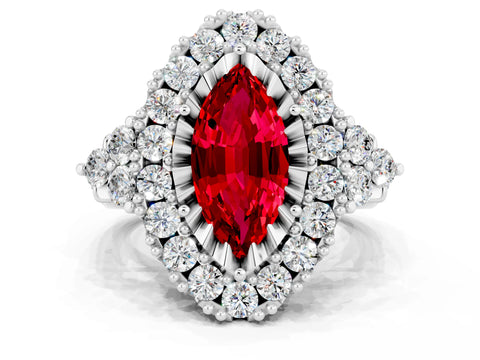 White gold Marquise Cut Ruby Halo Ring with Pavé Band and Four-Prong Setting_12