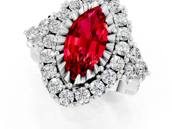 Platinum Marquise Cut Ruby Halo Ring with Pavé Band and Four-Prong Setting