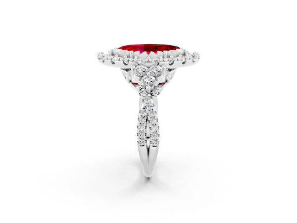 Platinum Marquise Cut Ruby Halo Ring with Pavé Band and Four-Prong Setting