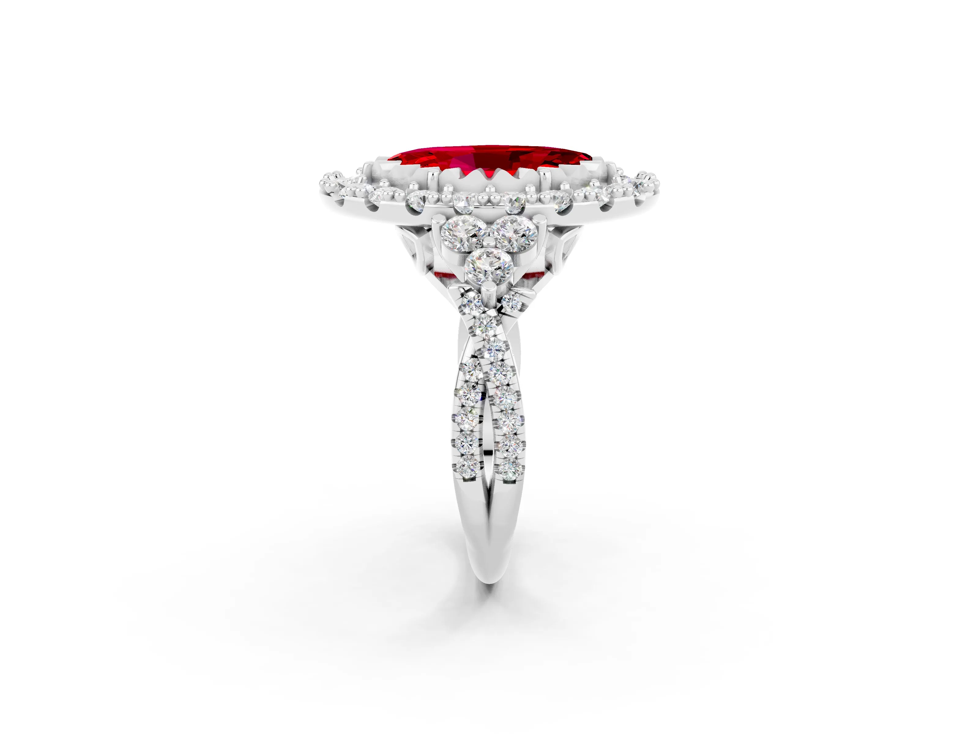 White gold Marquise Cut Ruby Halo Ring with Pavé Band and Four-Prong Setting_14