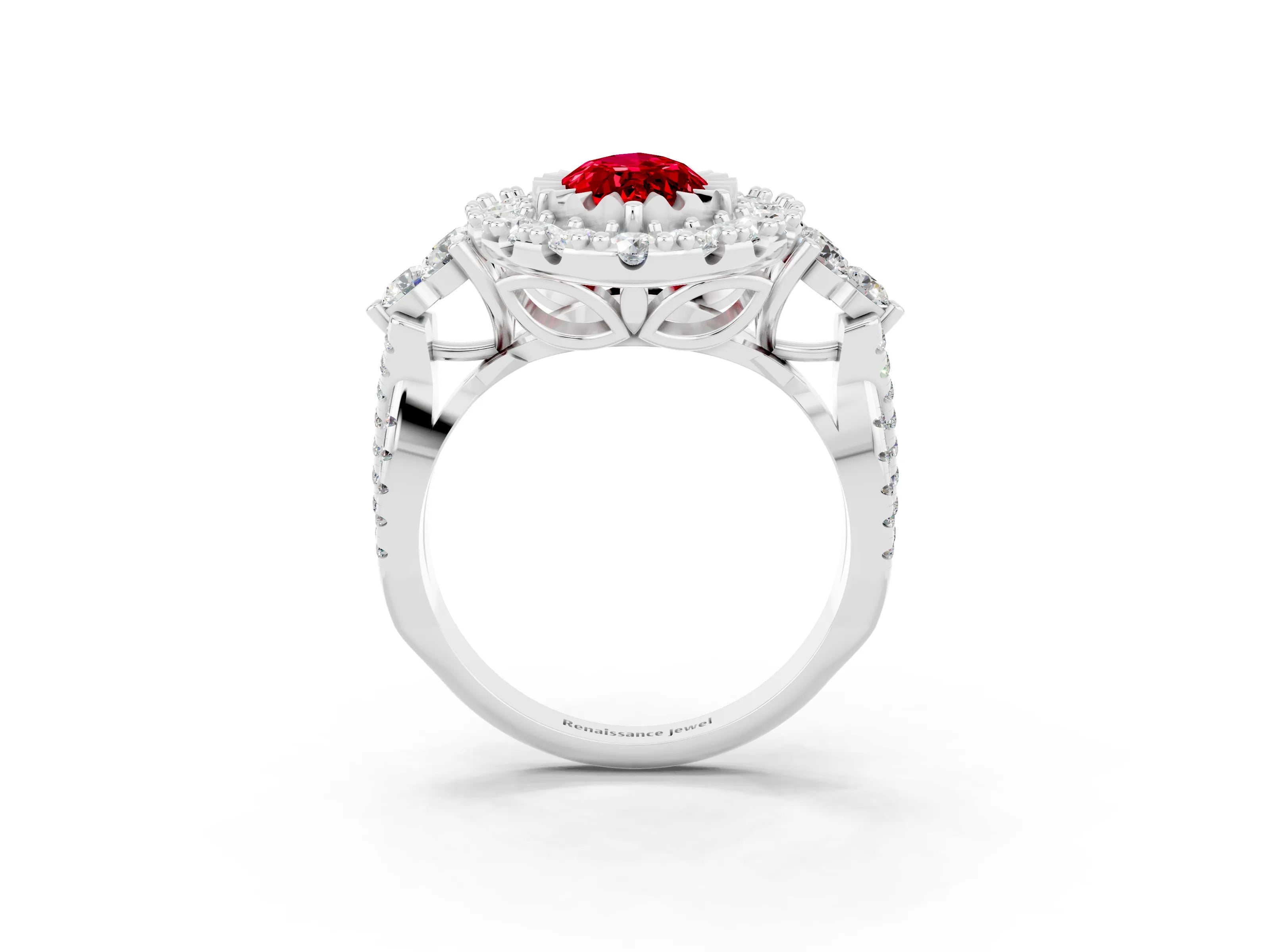 White gold Marquise Cut Ruby Halo Ring with Pavé Band and Four-Prong Setting_15