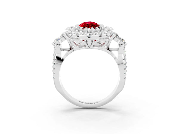 White gold Marquise Cut Ruby Halo Ring with Pavé Band and Four-Prong Setting