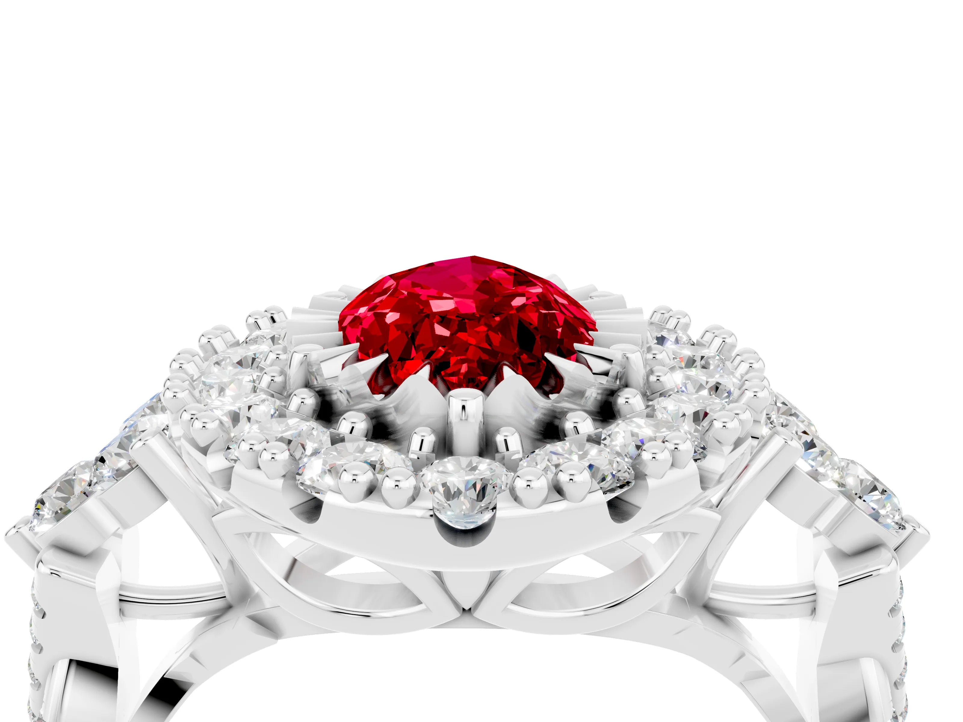White gold Marquise Cut Ruby Halo Ring with Pavé Band and Four-Prong Setting_16