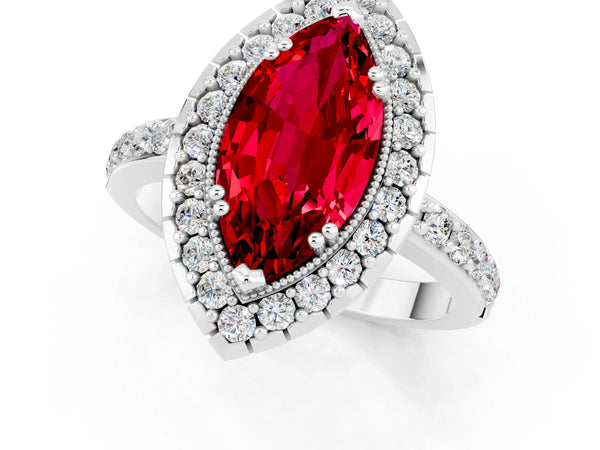 Silver Marquise Cut Ruby Halo Ring with Pavé Band and Prong Setting