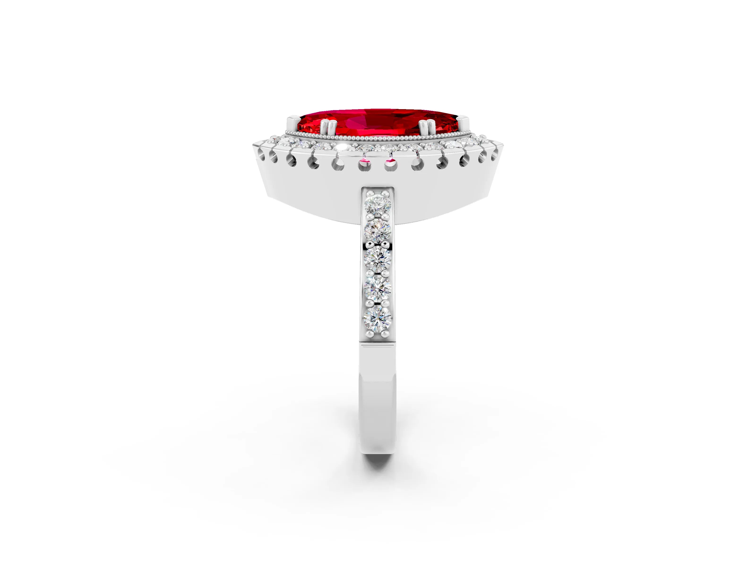 White gold Marquise Cut Ruby Halo Ring with Pavé Band and Prong Setting_2