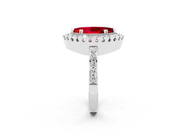 Silver Marquise Cut Ruby Halo Ring with Pavé Band and Prong Setting