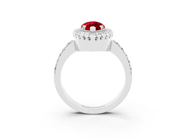 White gold Marquise Cut Ruby Halo Ring with Pavé Band and Prong Setting