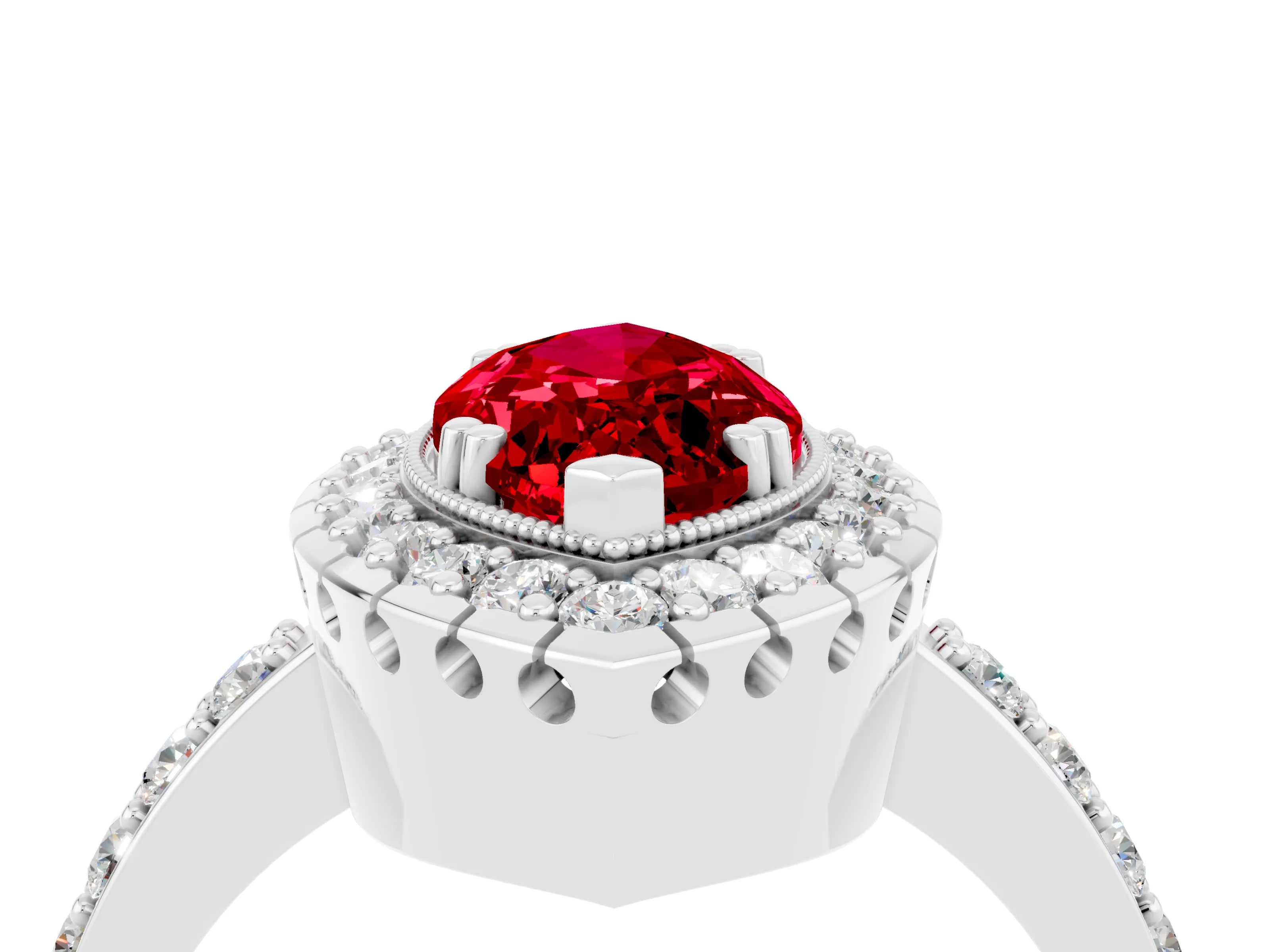 White gold Marquise Cut Ruby Halo Ring with Pavé Band and Prong Setting_4