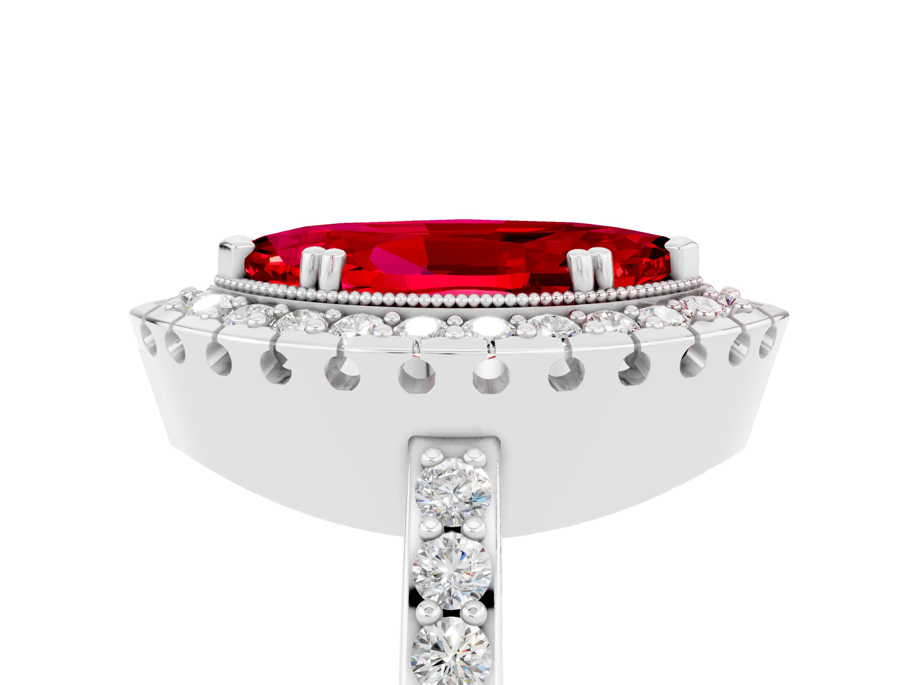 White gold Marquise Cut Ruby Halo Ring with Pavé Band and Prong Setting_5