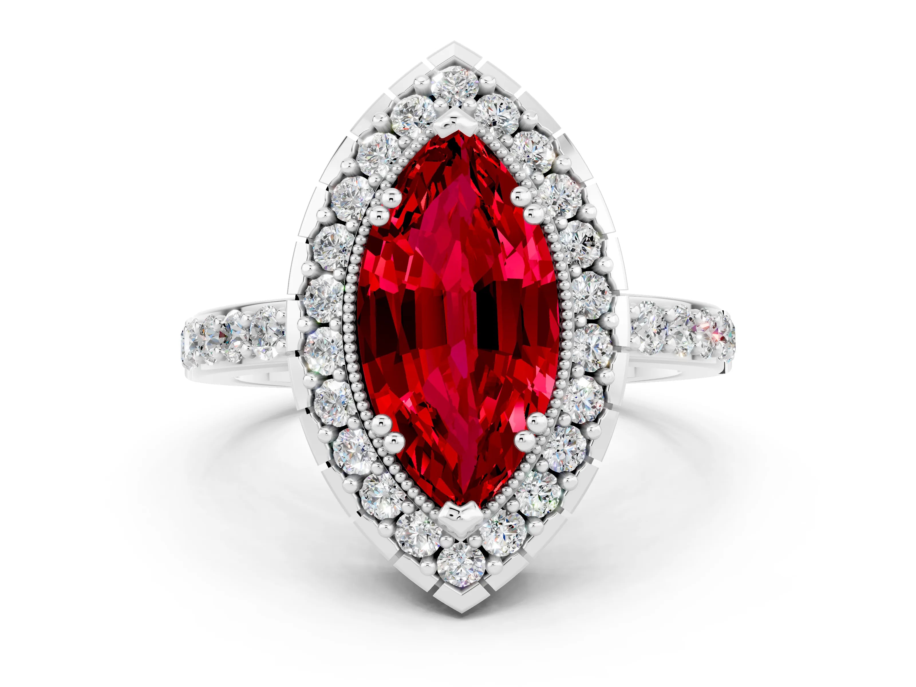 White gold Marquise Cut Ruby Halo Ring with Pavé Band and Prong Setting