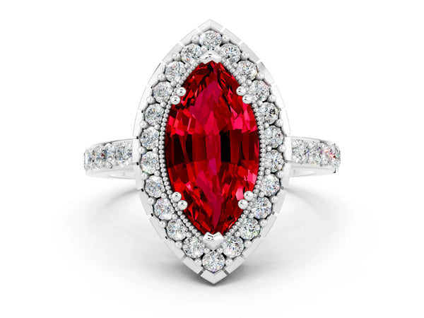 Silver Marquise Cut Ruby Halo Ring with Pavé Band and Prong Setting