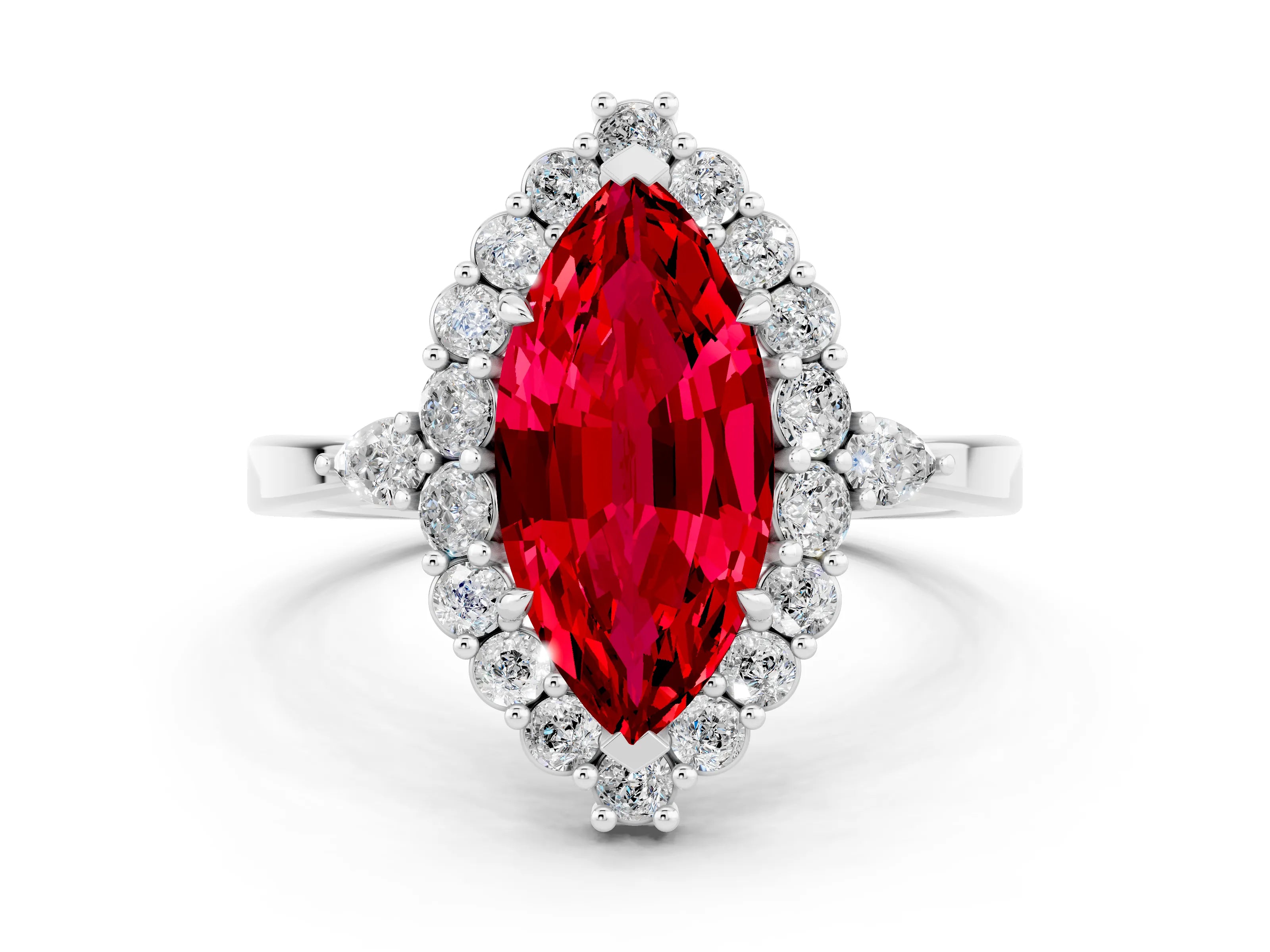 White gold Marquise Cut Ruby Halo Ring with Pear Side Stones and Prong Setting_24