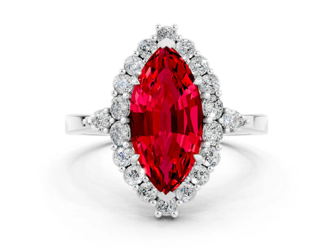 White gold Marquise Cut Ruby Halo Ring with Pear Side Stones and Prong Setting_24