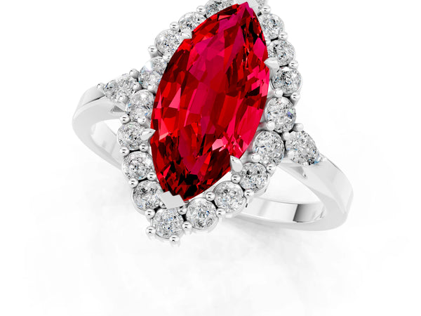Platinum Marquise Cut Ruby Halo Ring with Pear Side Stones and Prong Setting