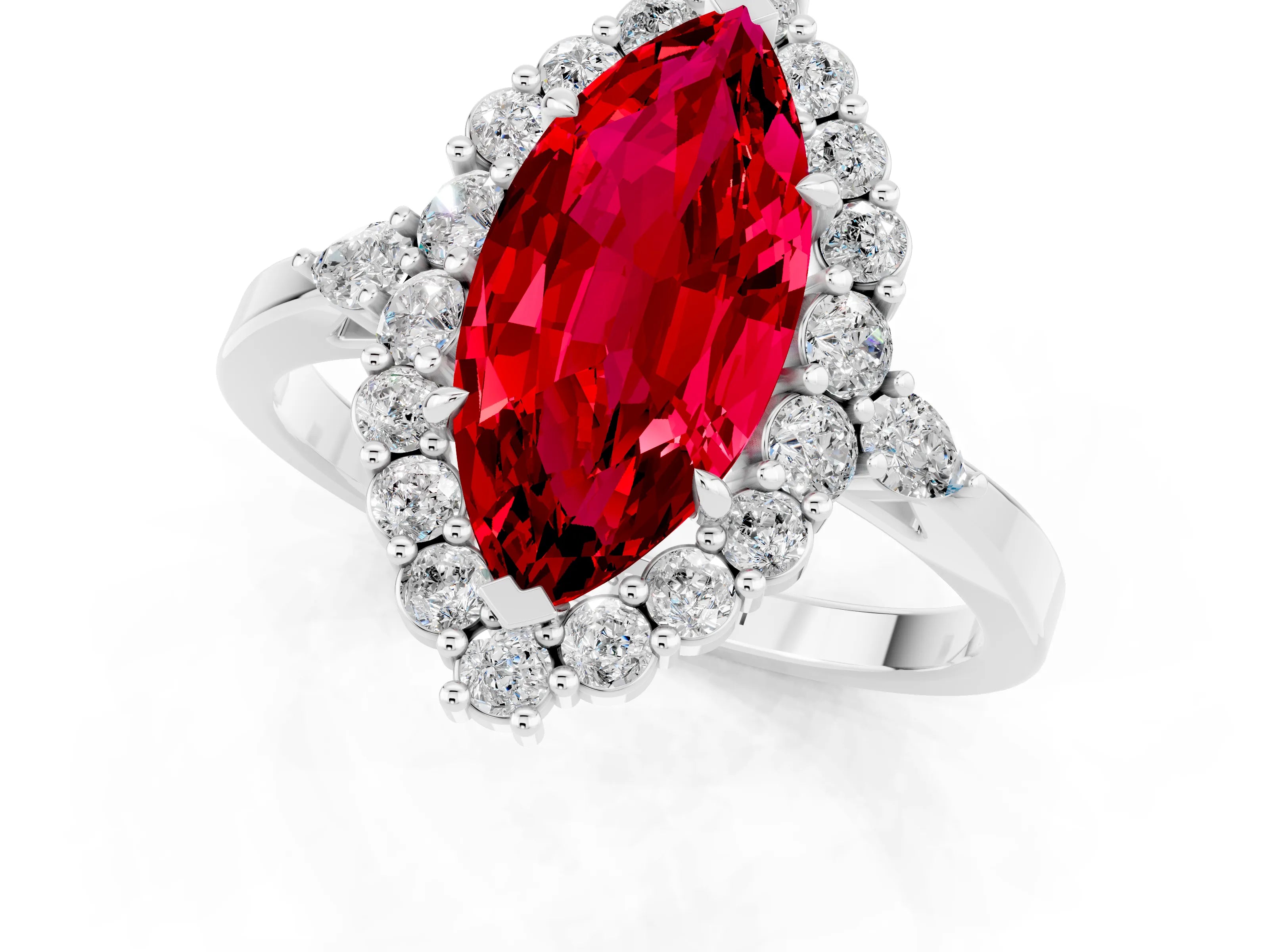 White gold Marquise Cut Ruby Halo Ring with Pear Side Stones and Prong Setting_25
