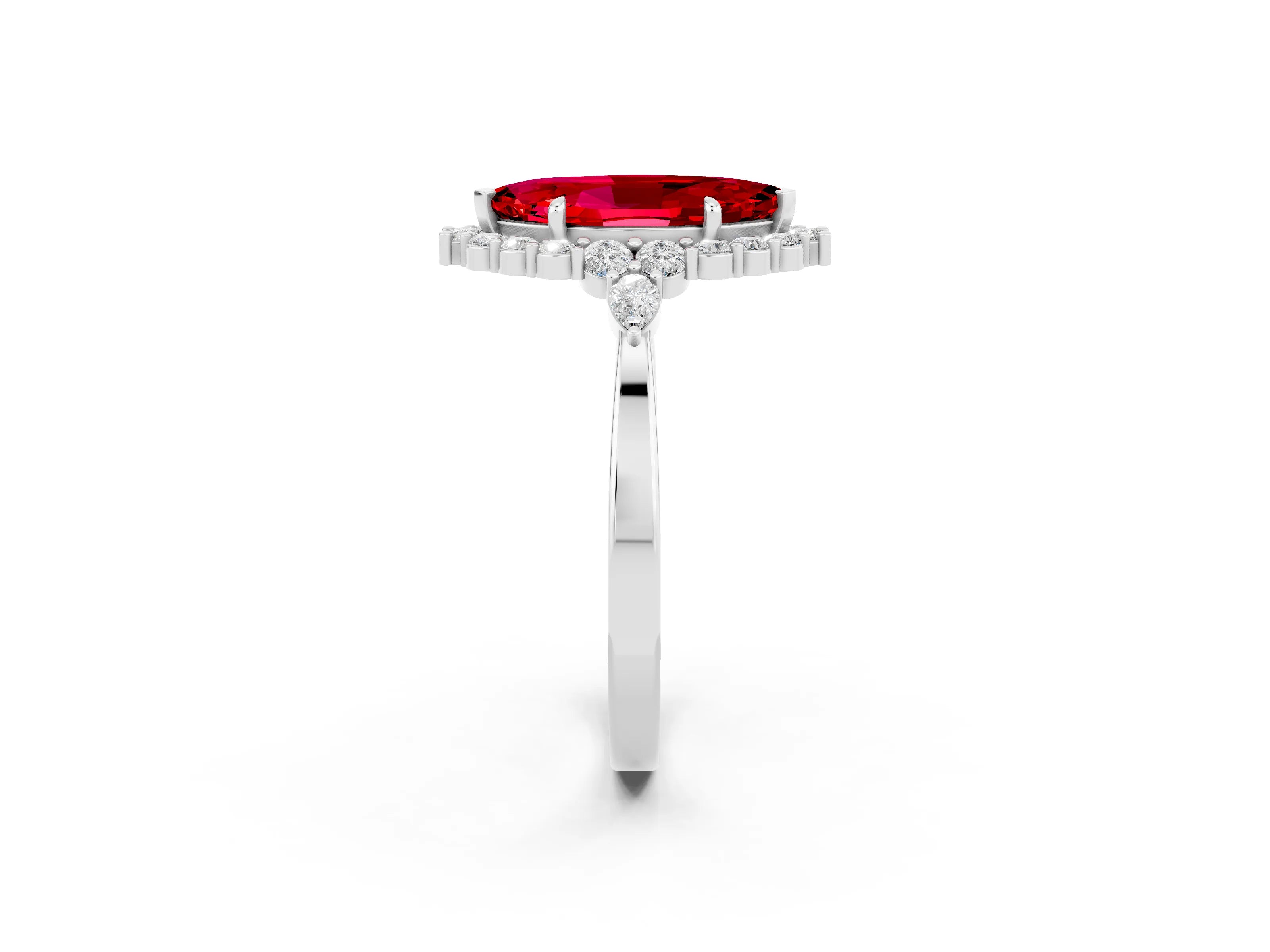 White gold Marquise Cut Ruby Halo Ring with Pear Side Stones and Prong Setting_26