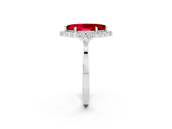 Platinum Marquise Cut Ruby Halo Ring with Pear Side Stones and Prong Setting