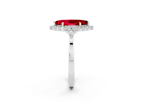 White gold Marquise Cut Ruby Halo Ring with Pear Side Stones and Prong Setting_26