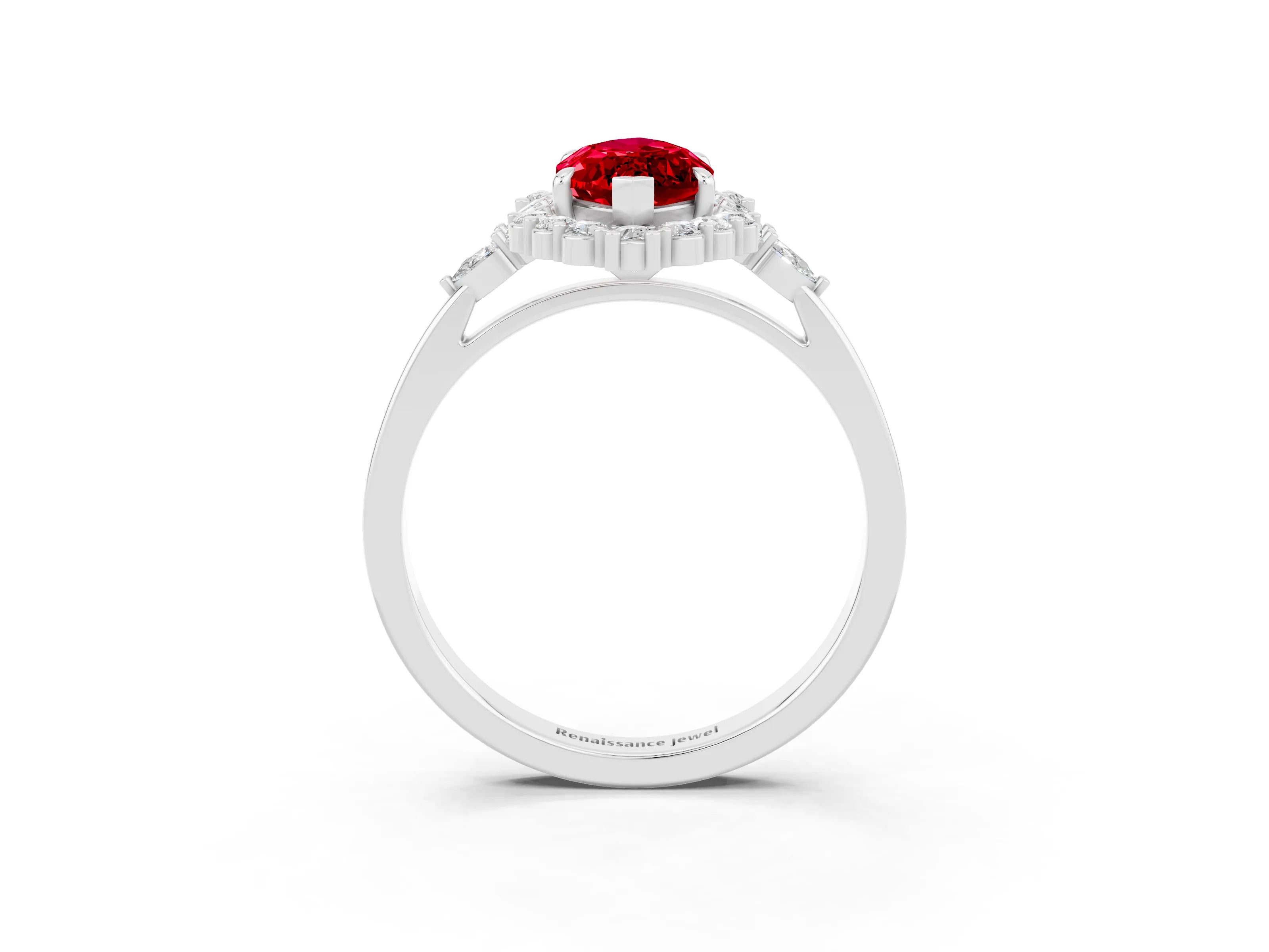 White gold Marquise Cut Ruby Halo Ring with Pear Side Stones and Prong Setting_27