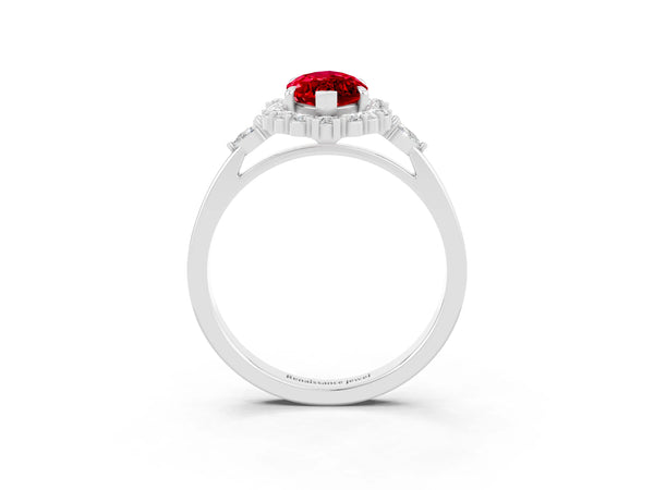 White gold Marquise Cut Ruby Halo Ring with Pear Side Stones and Prong Setting