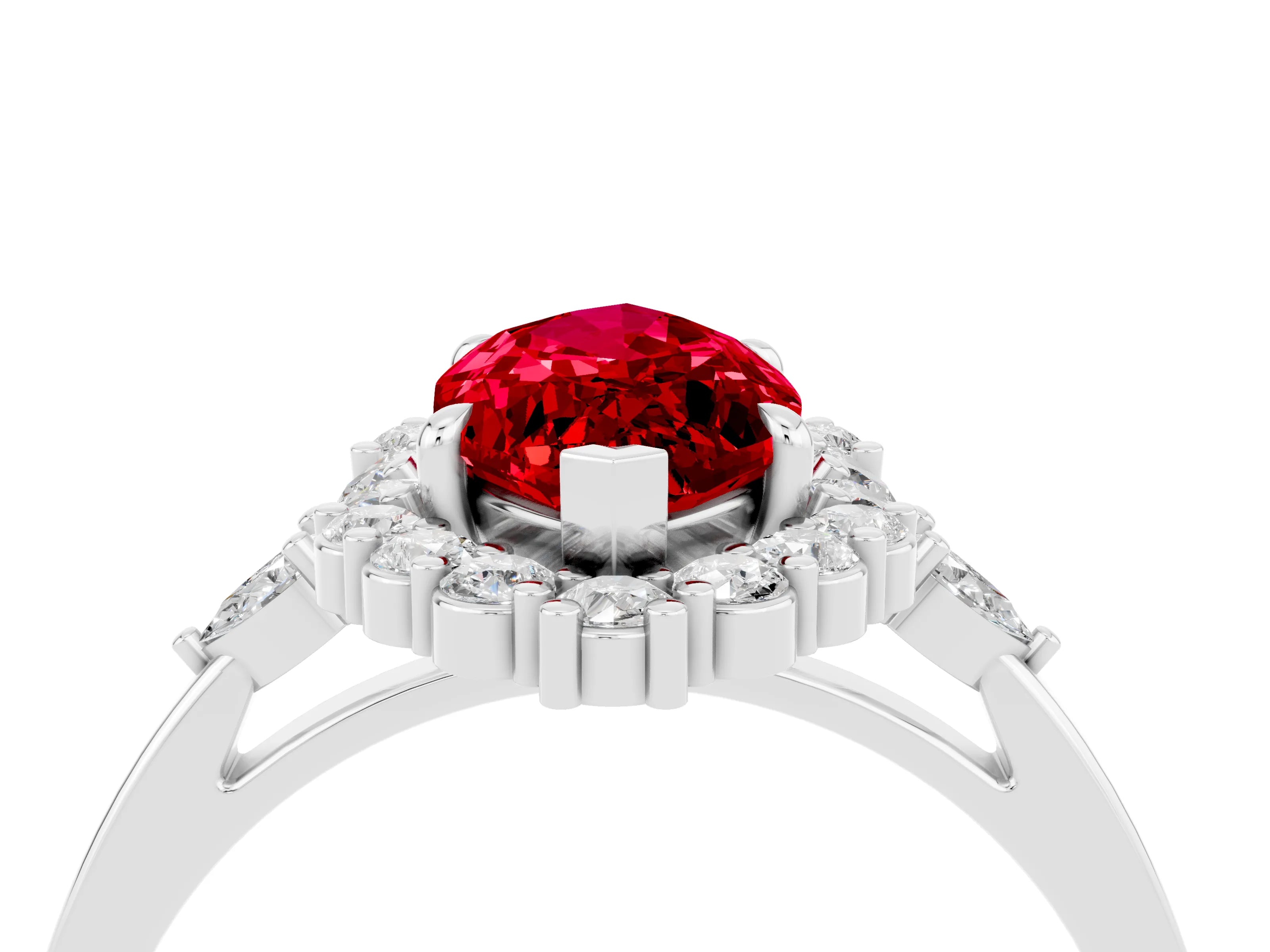 White gold Marquise Cut Ruby Halo Ring with Pear Side Stones and Prong Setting_28