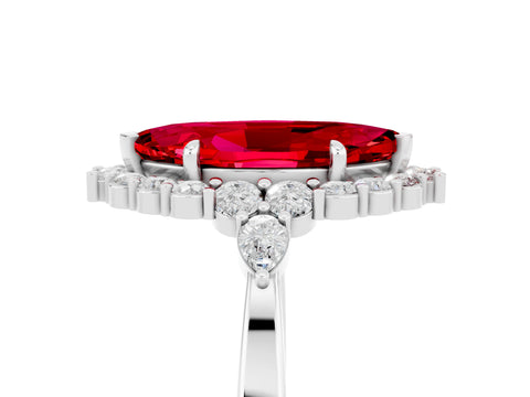 White gold Marquise Cut Ruby Halo Ring with Pear Side Stones and Prong Setting_29