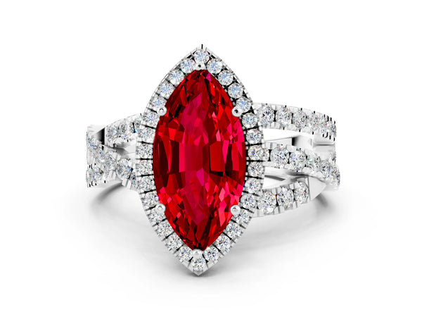 Silver Marquise Cut Ruby Halo Ring with Round Split Shank and Prong Setting