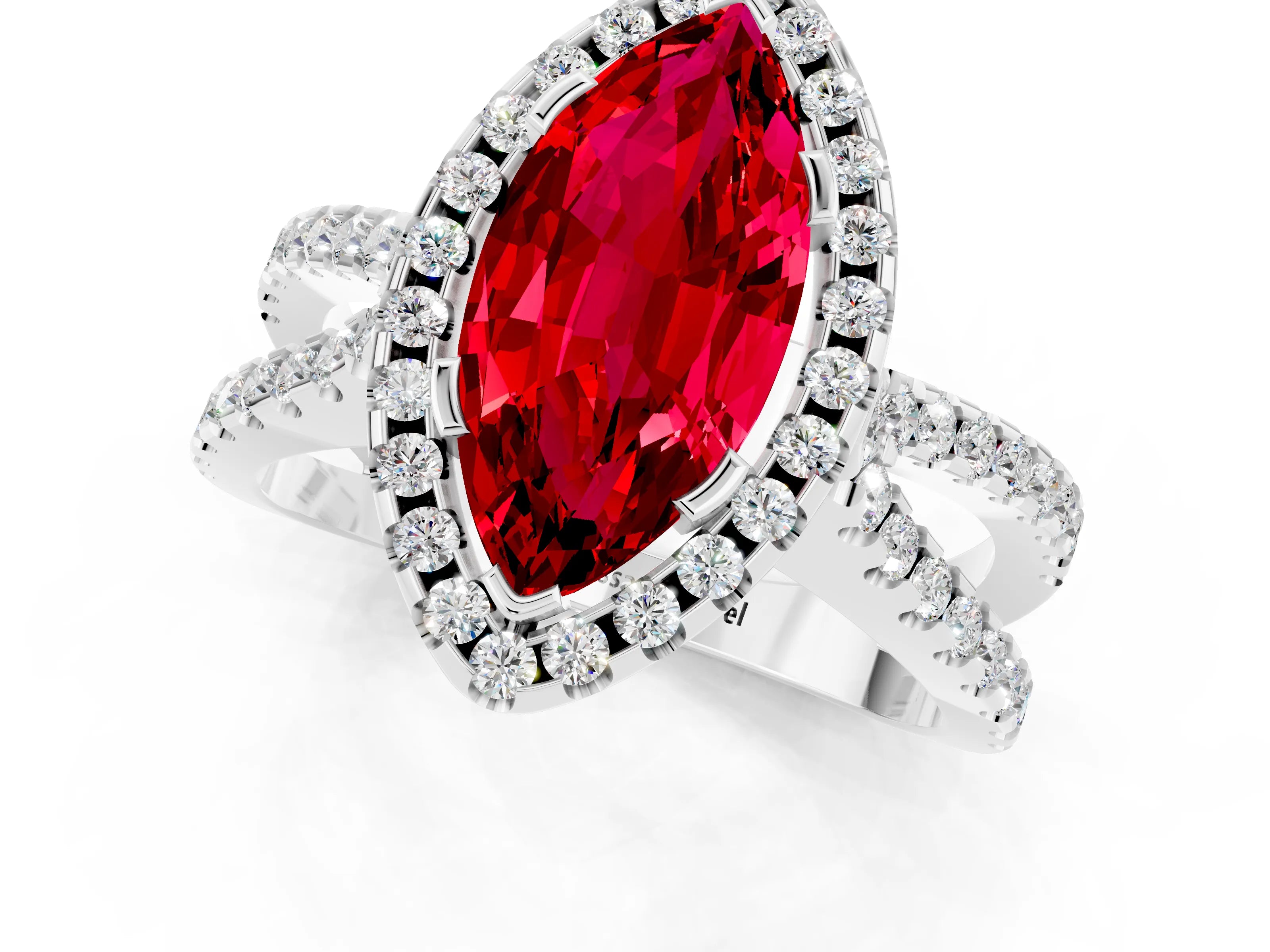 White gold Marquise Cut Ruby Halo Ring with Split Shank Pavé Band and Prong Setting_1