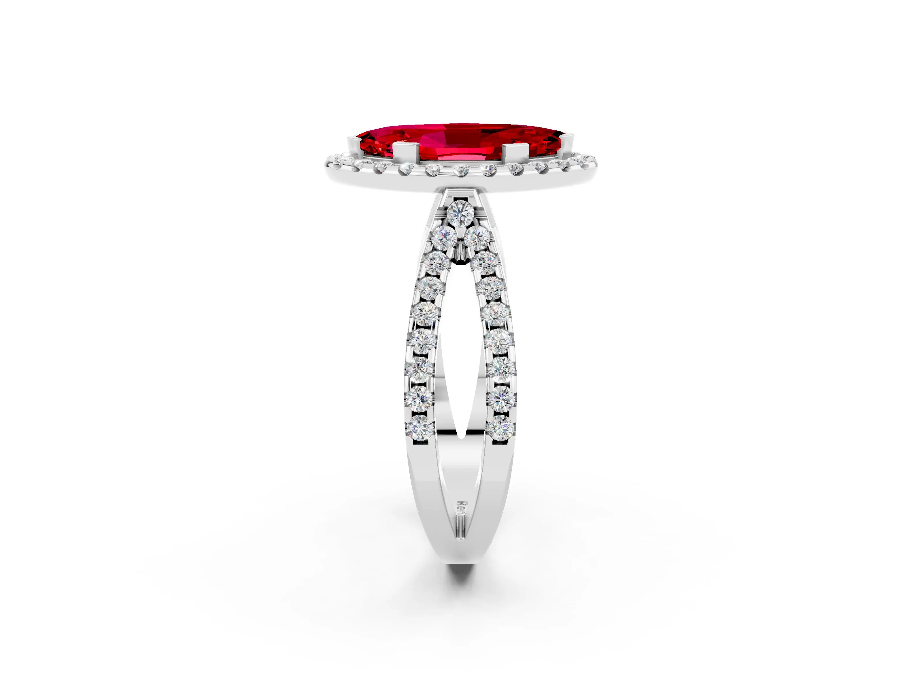 White gold Marquise Cut Ruby Halo Ring with Split Shank Pavé Band and Prong Setting_2
