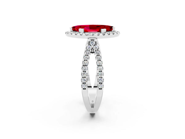 Platinum Marquise Cut Ruby Halo Ring with Split Shank Pavé Band and Prong Setting